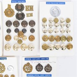 Collection of military cap badges and buttons examples from Royal Air Force, Royal Marines, Royal Navy, Air Training Corps, Women's Auxilary Service and Womans Royal Army Corps  