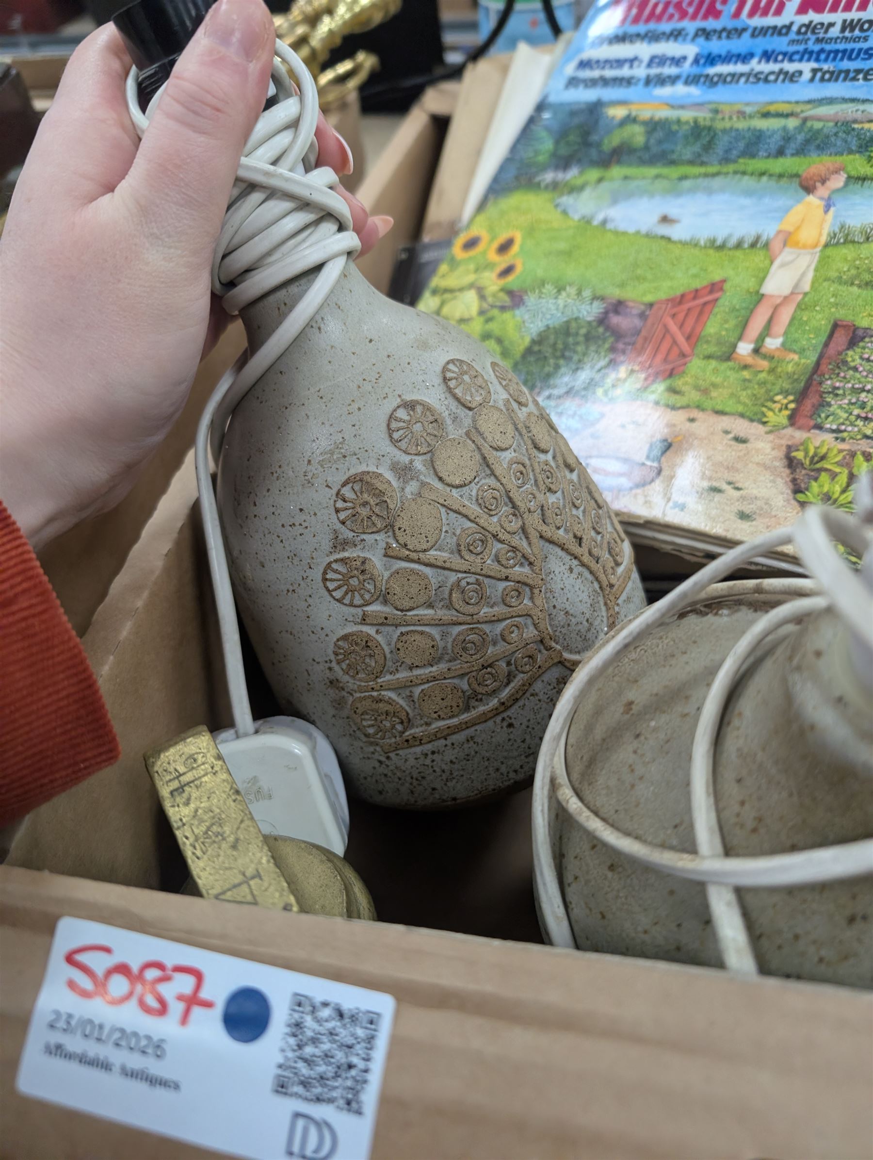 Collection of metalware, including brass weights, fireside tools, sauce boat, etc, together with a chess set, records, two studio pottery lamps etc