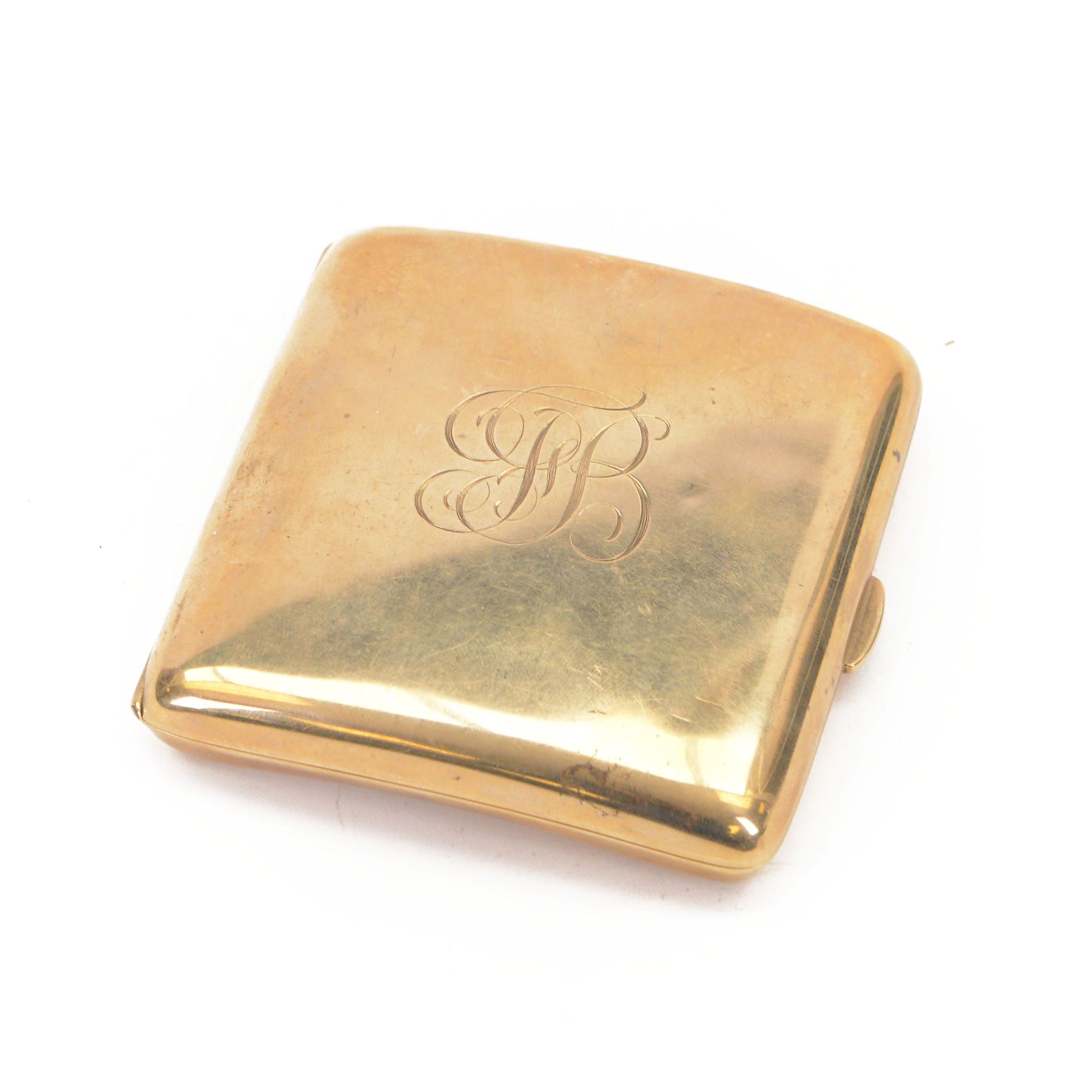 1920's 9ct gold cigarette case, of rounded square form with engraved monogram to cover, hallmarked D Bros, Birmingham 1926, also marked 9 275, H8cm W8cm
