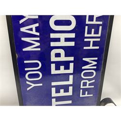 Double sided enamel sign, inscribed 'You may telephone from here' upon a hinged wrought-iron bracket, H72cm, L50cm