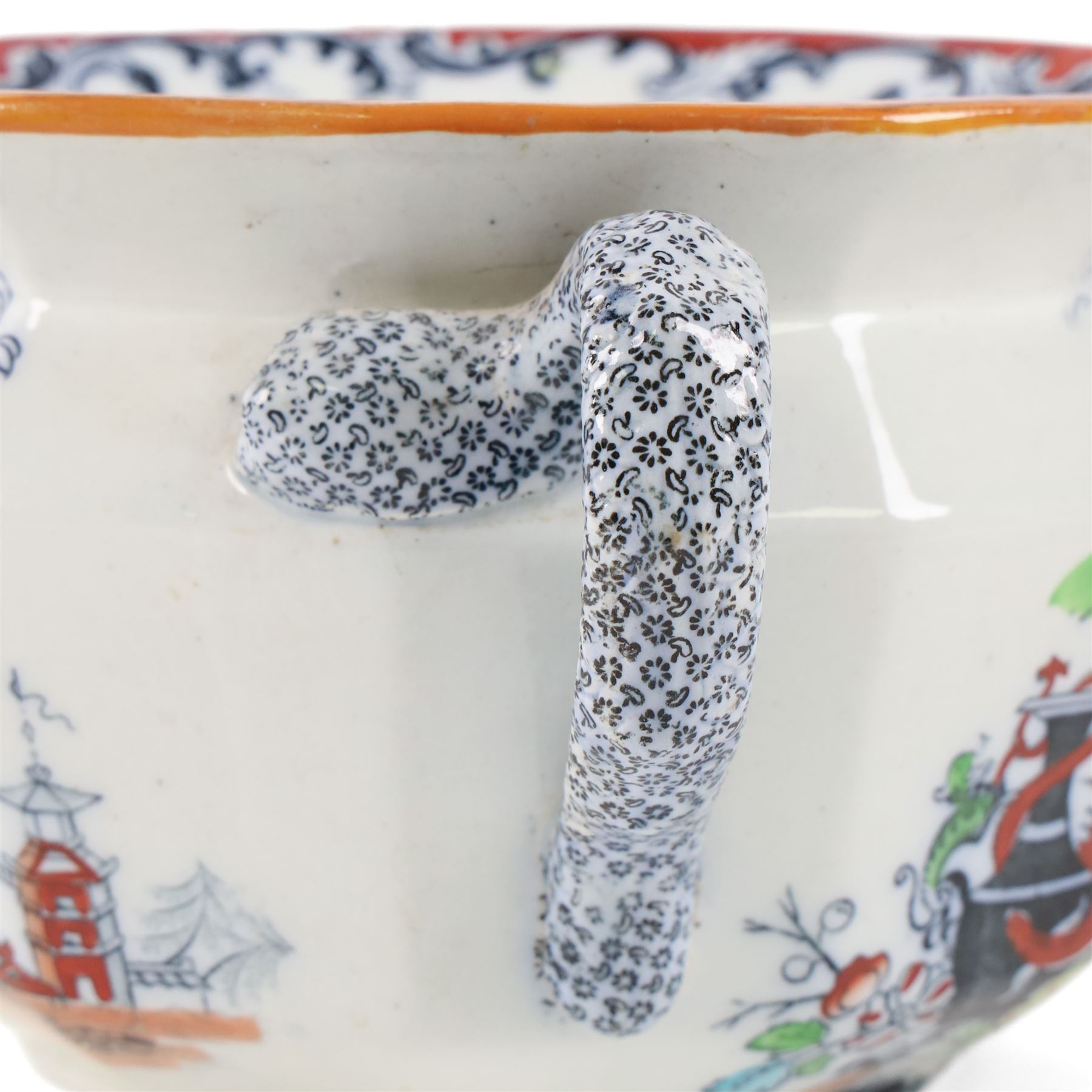 Collection of 19th century Masons ironstone ceramics, comprising cider mug, incense burner, jug and chamber pot  