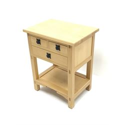 Maple side cabinet with moulded top, two short and one long drawer, joined by solid undertier, stile supports
