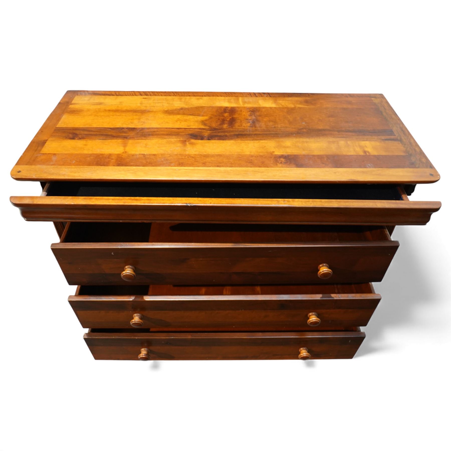 Willis & Gambier - French cherry chest, frieze baized lined drawer over three long drawers with turned wooden handles upon a moulded plinth base