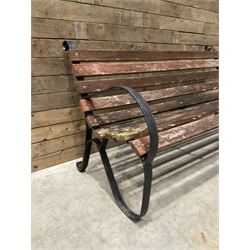Early 20th century black painted wrought iron and wood slatted garden bench