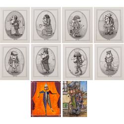 Terry Durham (British 1936-2013): 'The Marionette - He Is Free', acrylic on canvas signed titled and dated '02, Man with Pipe and Two Dogs, watercolour on canvas laid onto board signed, and 'Tinker - Tailor', collection of eight prints unsigned max 60cm x 50cm (11) (mostly unframed)
