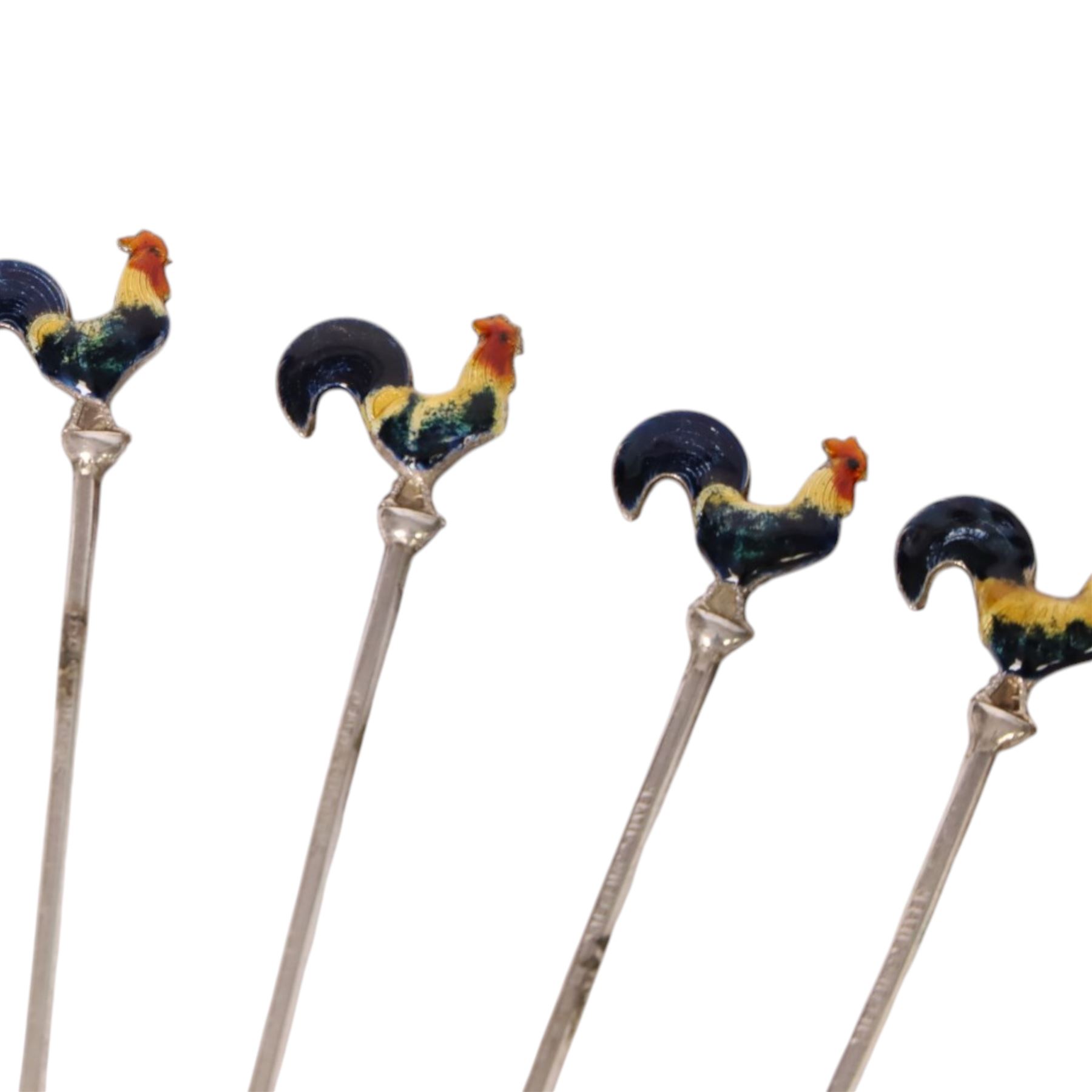 Set of six early 20th century silver cocktail sticks with enamel cockerel finials, stamped Sterling Silver