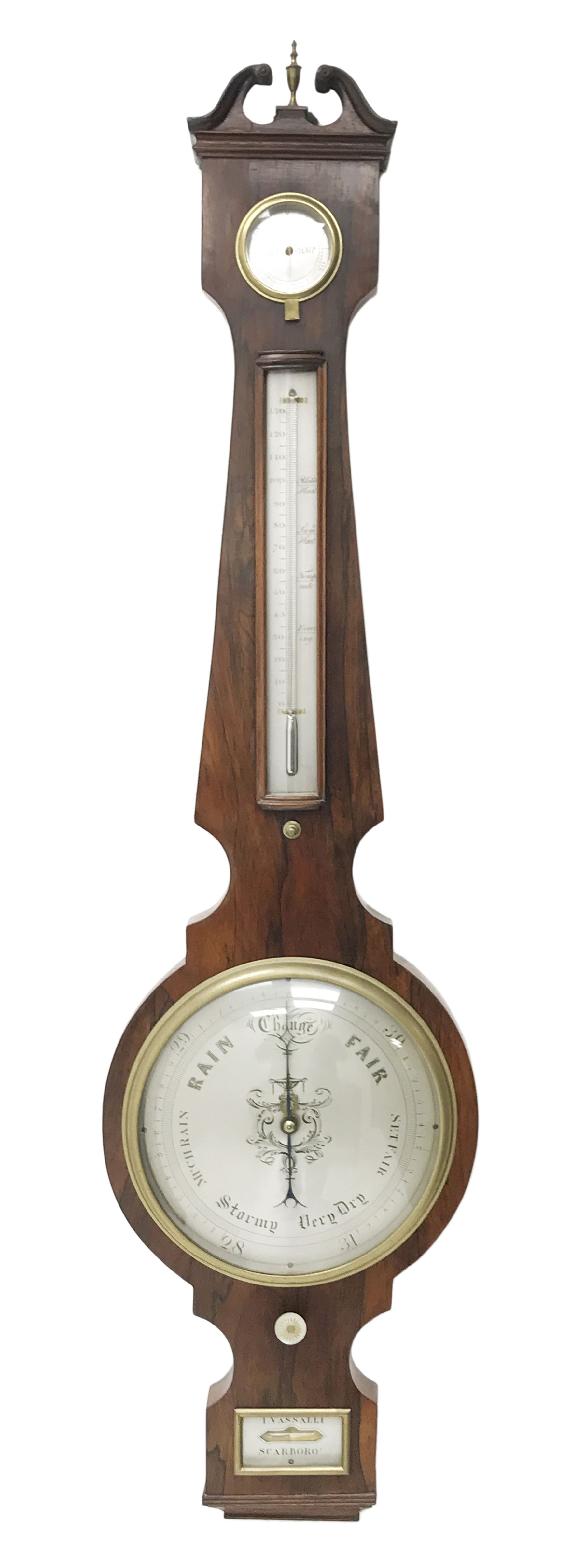 Early 19th century rosewood four dial banjo barometer, dry/damp dial, mercury thermometer, silvered circular register engraved with urn and scroll decoration, balance signed 'Vassalli Scarborough', fitted with mother of pearl adjusting handle