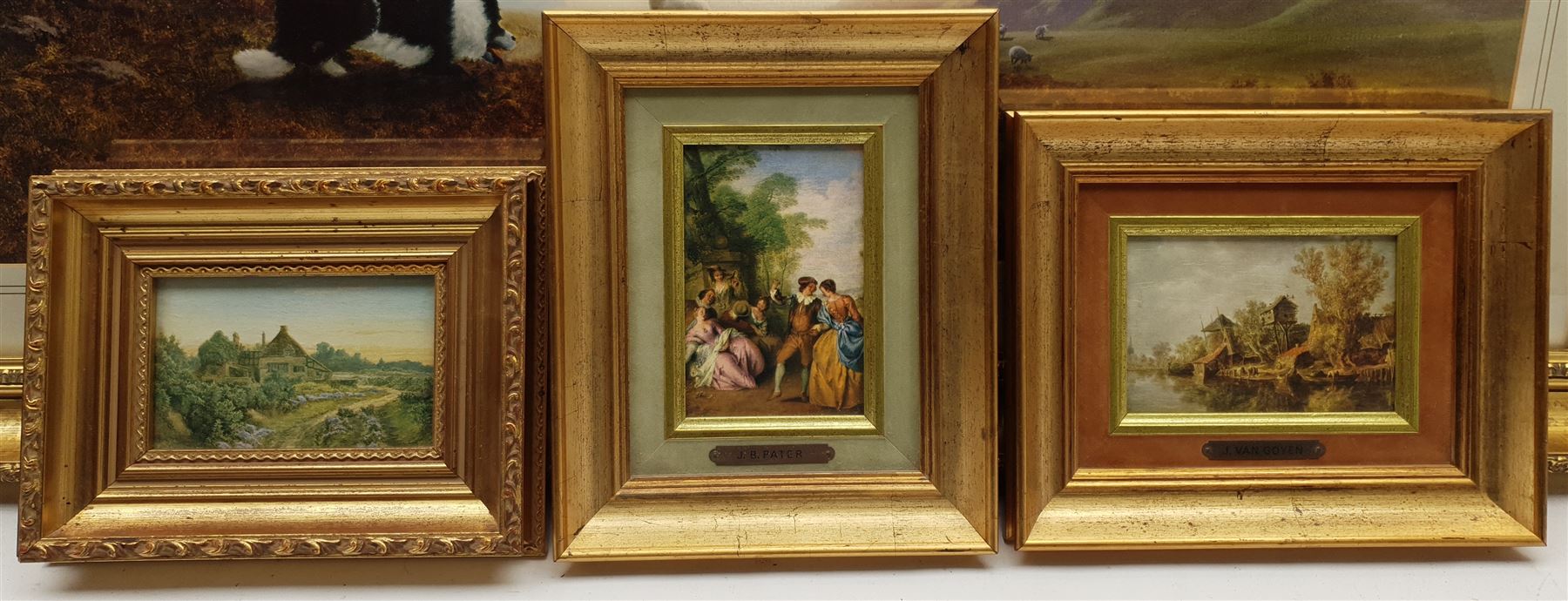 After Gerald Coulson (British 1926-): Herding Sheep on the Lakeside, colour print 50cm x 75cm in gilt frame, together with three small gilt framed prints max 9cm x 13cm (4)