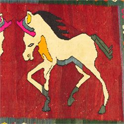 Southwest Persian Qashqai kilim, flatwoven wool with central pictorial design of mirrored horses on a red ground, framed by multicoloured motifs and stepped ivory border, vibrant palette throughout