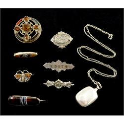 Victorian and later jewellery including hardstone and stone set circular brooch, butterfly brooch and two others, silver bottle pendant necklace, stamped 925, two silver brooches hallmarked and one other brooch