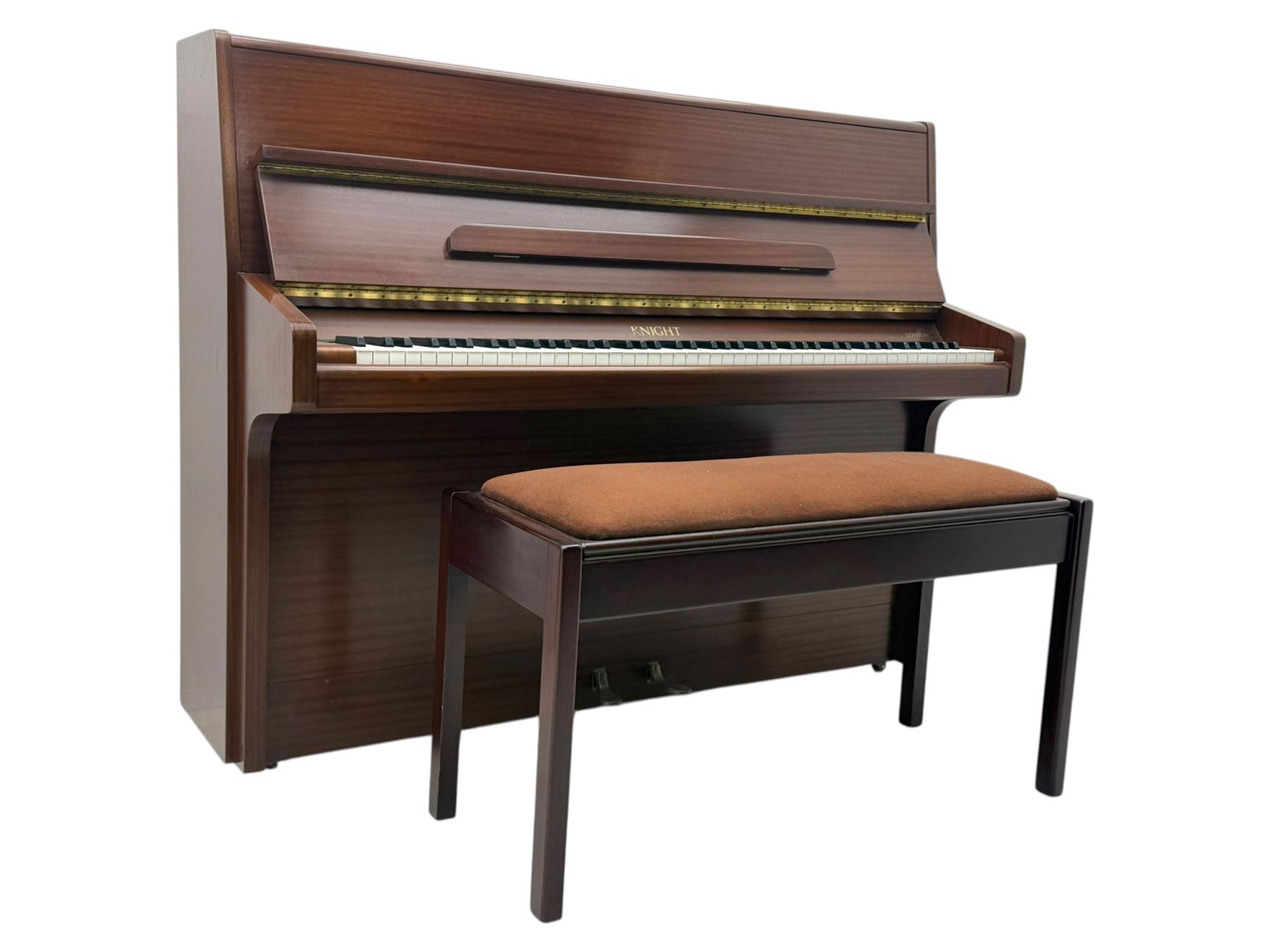 Knight - 20th century upright piano, in polished mahogany case with fall-front lid and twin brass pedals, complete with matching storage bench upholstered in brown fabric with receipt from Harrods (H 50cm x D 37cm W 95cm) 