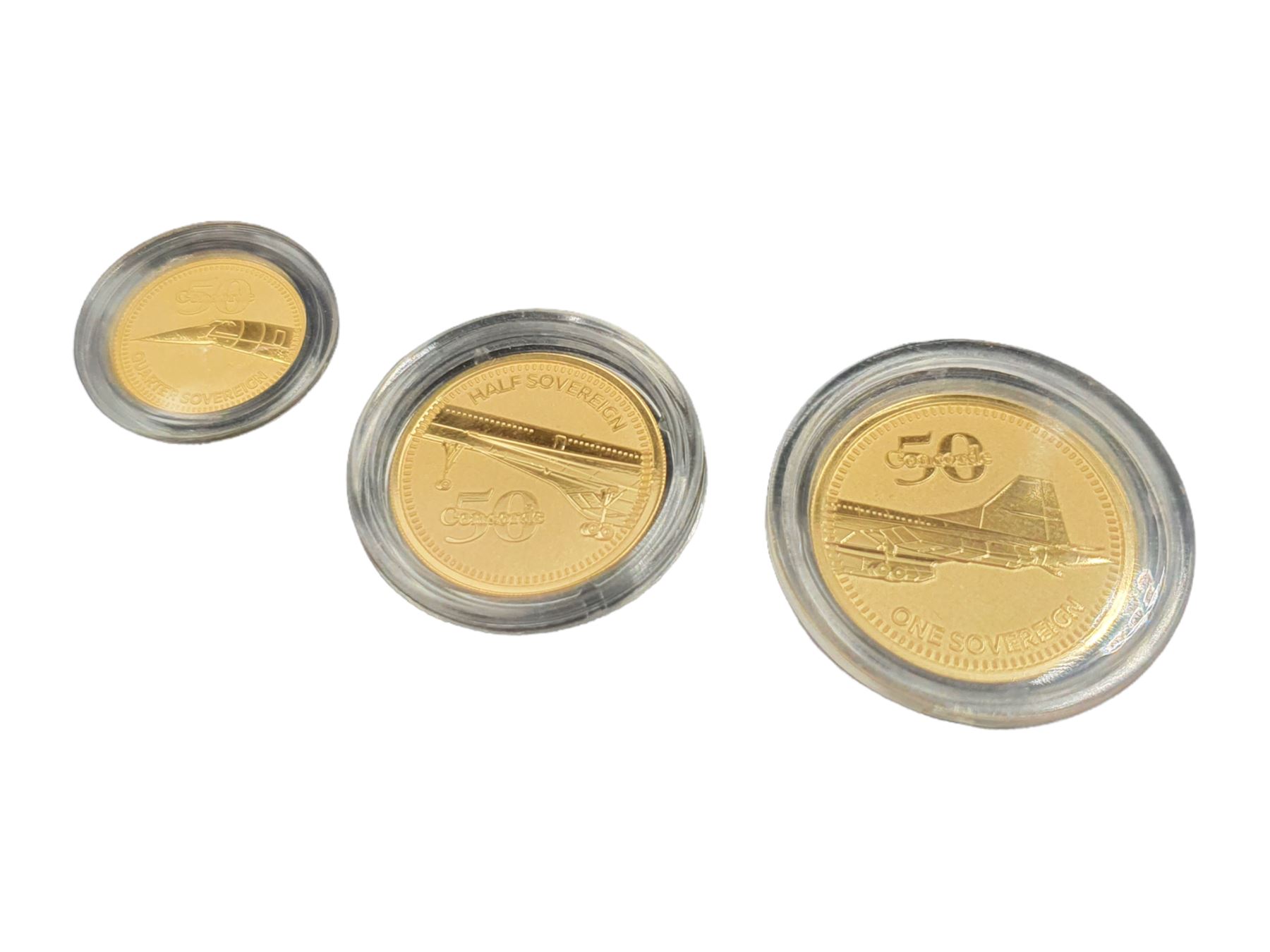 Concorde 50th Anniversary gold three coin set, comprising Queen Elizabeth II 2019 Gibraltar full, half and quarter gold sovereign coins, cased with certificates