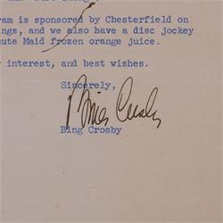 Bing Crosby signed typed letter, addressed to fan Mr Wick Boggs of Kentucky, detailing his next picture 'Riding High', signed and on 'Bing Crosby Hollywood' letterhead, together with a black and white photograph of Crosby smoking a pipe, with certificate of authenticity