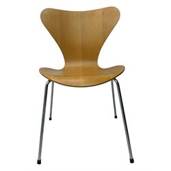 Piet Hein & Bruno Mathsson for Fritz Hansen - contemporary 'superellipse' dining table, oval beech top raised on four chrome supports; set of six Fritz Hansen butterfly-shaped chairs on tubular chrome supports