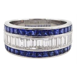 18ct white gold baguette cut diamond and princess cut sapphire, three row half eternity ring, stamped 750, total sapphire weight approx 2.50 carat, total diamond weight approx 1.00 carat