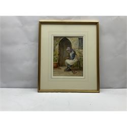 English School (19th century): Young Girl at her Studies in the Fresh Air, watercolour unsigned 28cm x 21cm