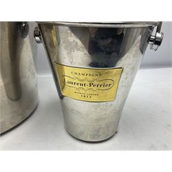 Stainless steel Laurent-Perrier champagne bucket, with engraved brass plaque and grip to swing handle, together with two matching smaller, largest D38cm (3)