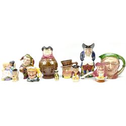 Character and toby jugs, including a staffordshire pottery style toby jug, Olfaire toby jug, Beswick character jug depicting Scrooge, Royal Doulton Veteral Motorist etc, together with Royal Doulton Sweet Dreams figure. 