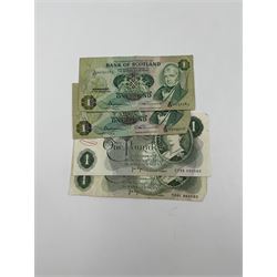 Various Great British banknotes including Bank of England Peppiatt and later one pound notes, three Salmon five pound notes, Salmon ten pound note, Lowther ten pound note, Bailey twenty pound note, Royal Bank of Scotland polymer twenty pound note etc. 