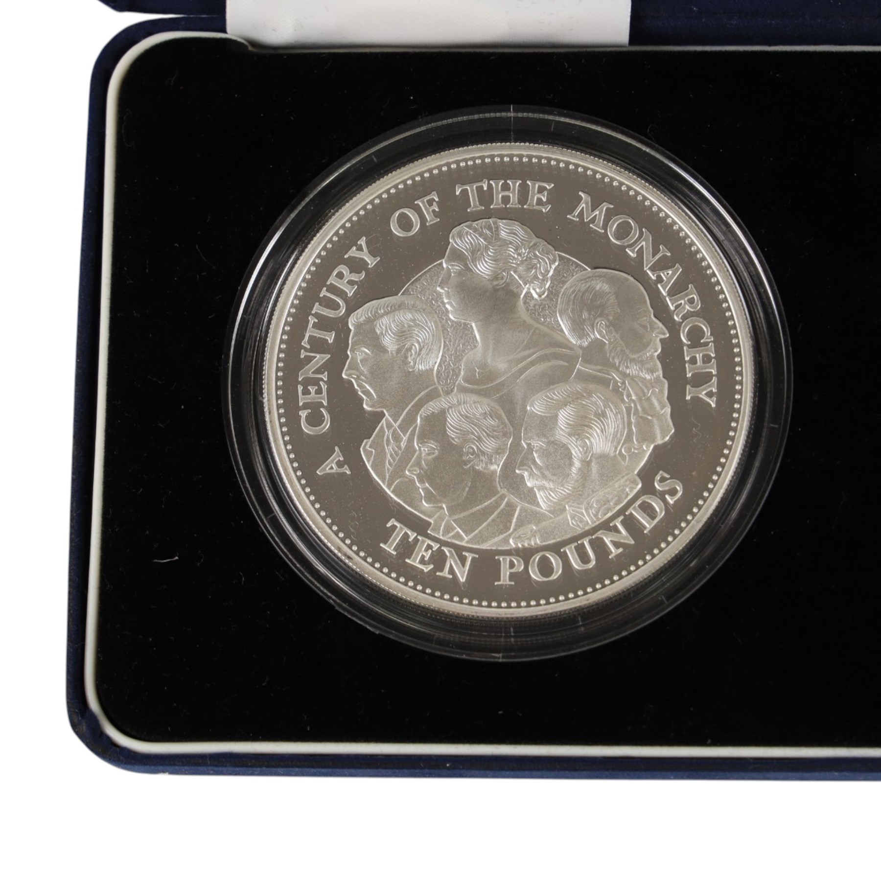 The Royal Mint Guernsey 2000 and 2001 'Centuries of the Monarchy' silver proof set, comprising two five ounce ten pound coins, cased with certificate