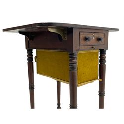 Narrow George III mahogany sewing or work Pembroke table, drop-leaf rectangular top with rounded corners inlaid with ebony stringing, fitted with single full-length cock-beaded drawer and opposing false drawer fascia, turned handles and ivory escutcheons, sliding upholstered storage bag beneath, on ring turned supports with brass cups and castors

This item has been registered for sale under Section 10 of the APHA Ivory Act