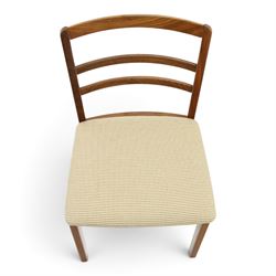 G-Plan - set of four mid-20th century teak 'Fresco' dining chairs, low ladder back on seats upholstered in chequered fabric, on square tapering supports