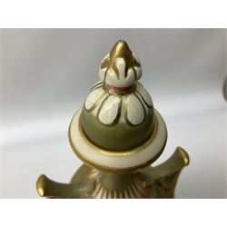 Early 20th century Royal Worcester vase decorated by Harry Davis, of ovoid form with twin acanthus mounted handles and waisted high neck supporting a domed cover, upon a circular foot, the body hand painted with sheep in a highland landscape, signed H Davis, with puce printed marks beneath including shape number 2425, and date code for 1907, H27.5cm