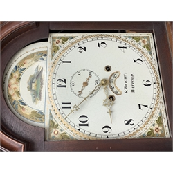 George III mahogany longcase clock, the hood with stepped moulded arch pediment above glazed door, fret work grille to each side, figured trunk door and base, enamel Arabic dial painted with country house scene and floral spandrels signed 'S. Wright, Watford', subsidiary seconds dial and date aperture, eight day movement striking the hours on bell, H212cm (two weights and pendulum)