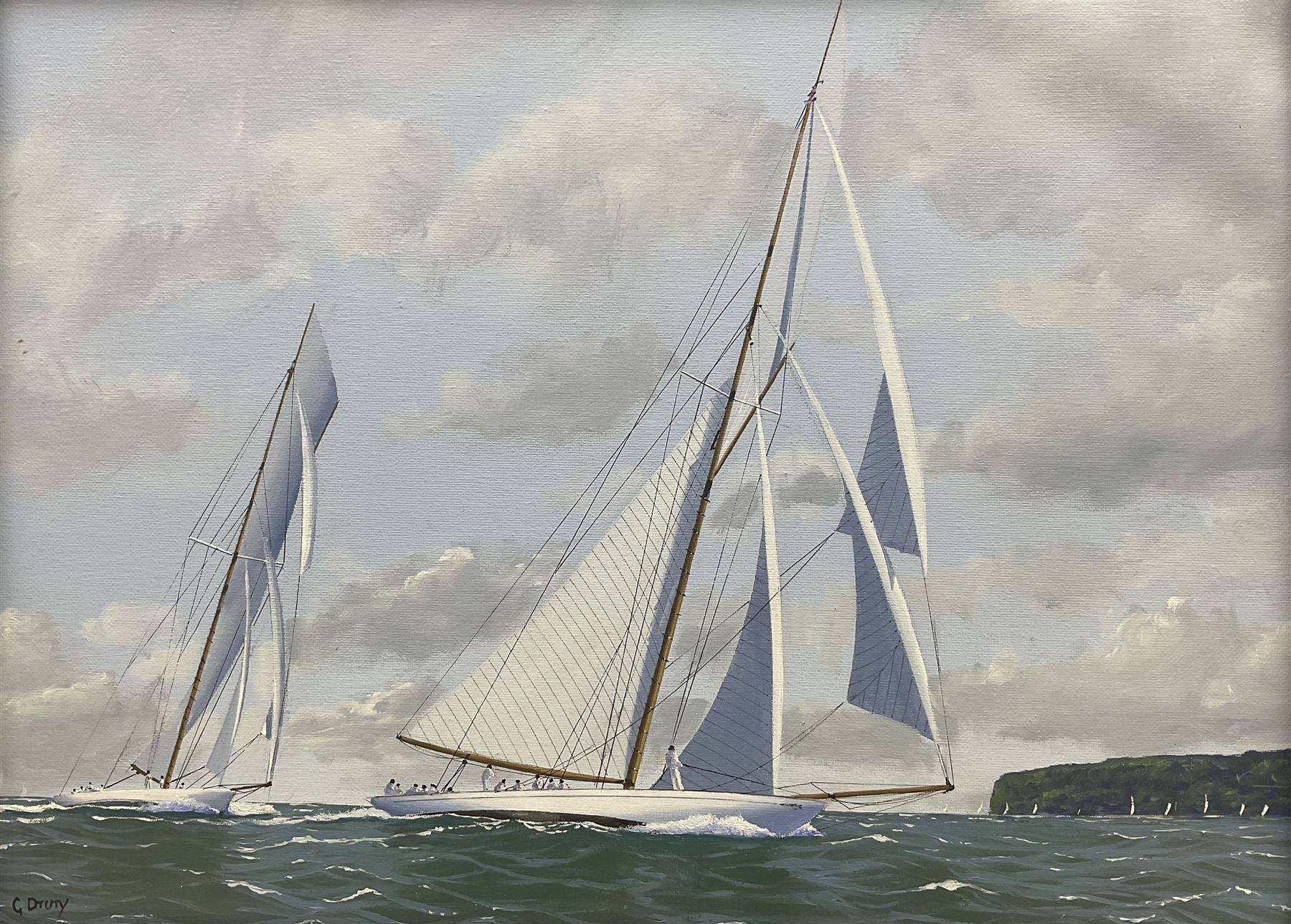 George Drury (British 1950-): 'Lulworth and White Heather II off Cowes 1927', oil on board signed, titled verso 29cm x 38cm 
