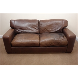  Pair two seat chocolate leather sofas, W200cm  