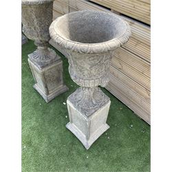 Pair of ornate Victorian style urns on plinth base, D40, H105 - THIS LOT IS TO BE COLLECTED BY APPOINTMENT FROM DUGGLEBY STORAGE, GREAT HILL, EASTFIELD, SCARBOROUGH, YO11 3TX