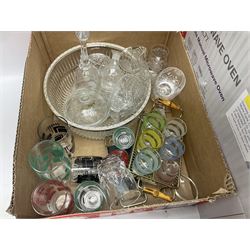 Three boxes of glassware to include mid 20th century drinking glasses with geometric and banded coloured decoration, French bowls, carnival glass, Stuart drinking glasses, etc
