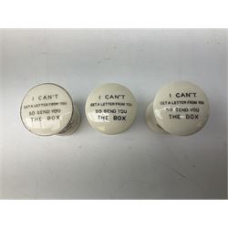 Collection of Post Box money boxes comprising ceramic, tin plate and plastic models, to include Crested Ware money boxes bearing motto ‘I Can’t Get a Letter From You So Send You The Box’ etc in three boxes