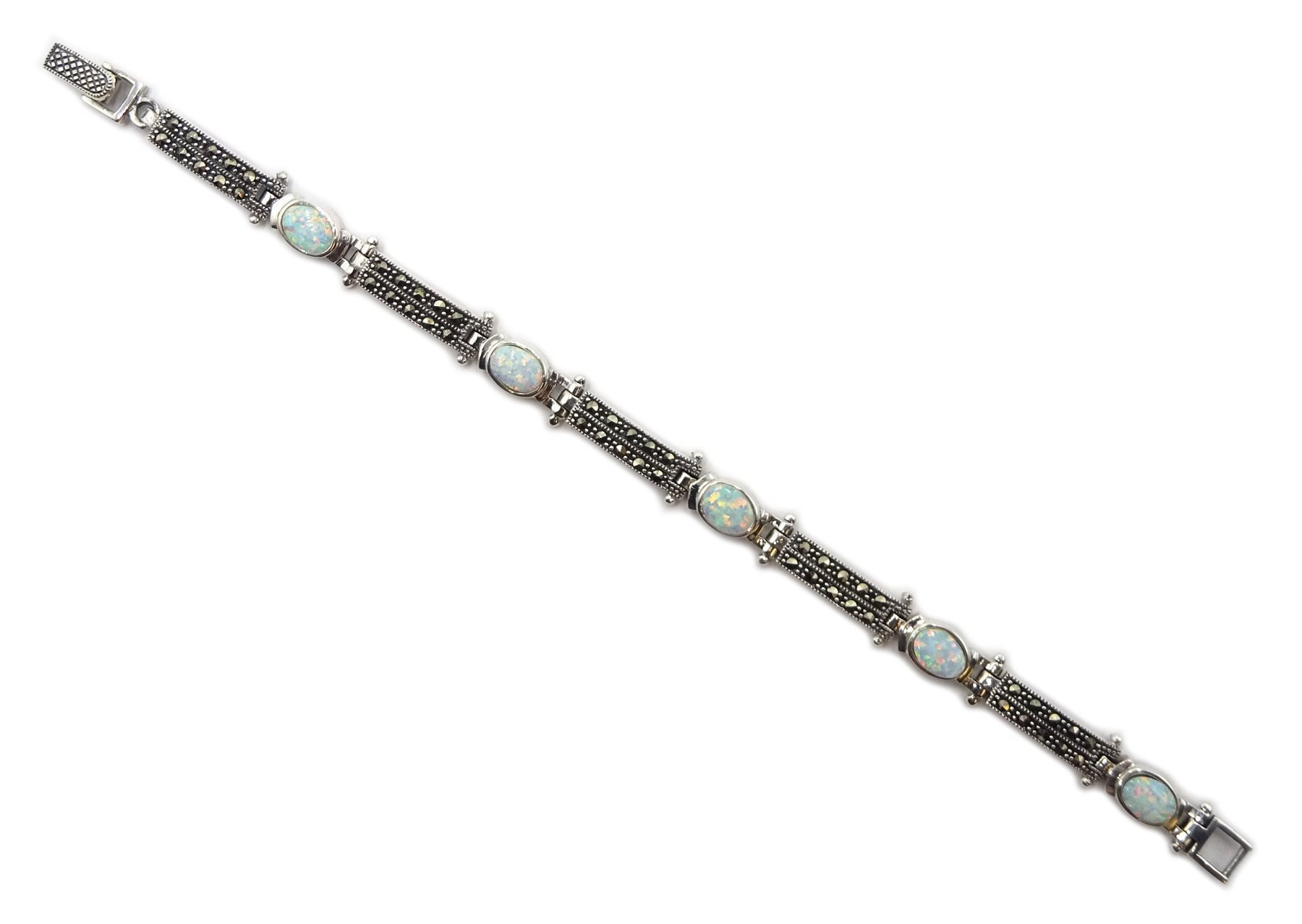 Silver opal and marcasite link bracelet, stamped 925