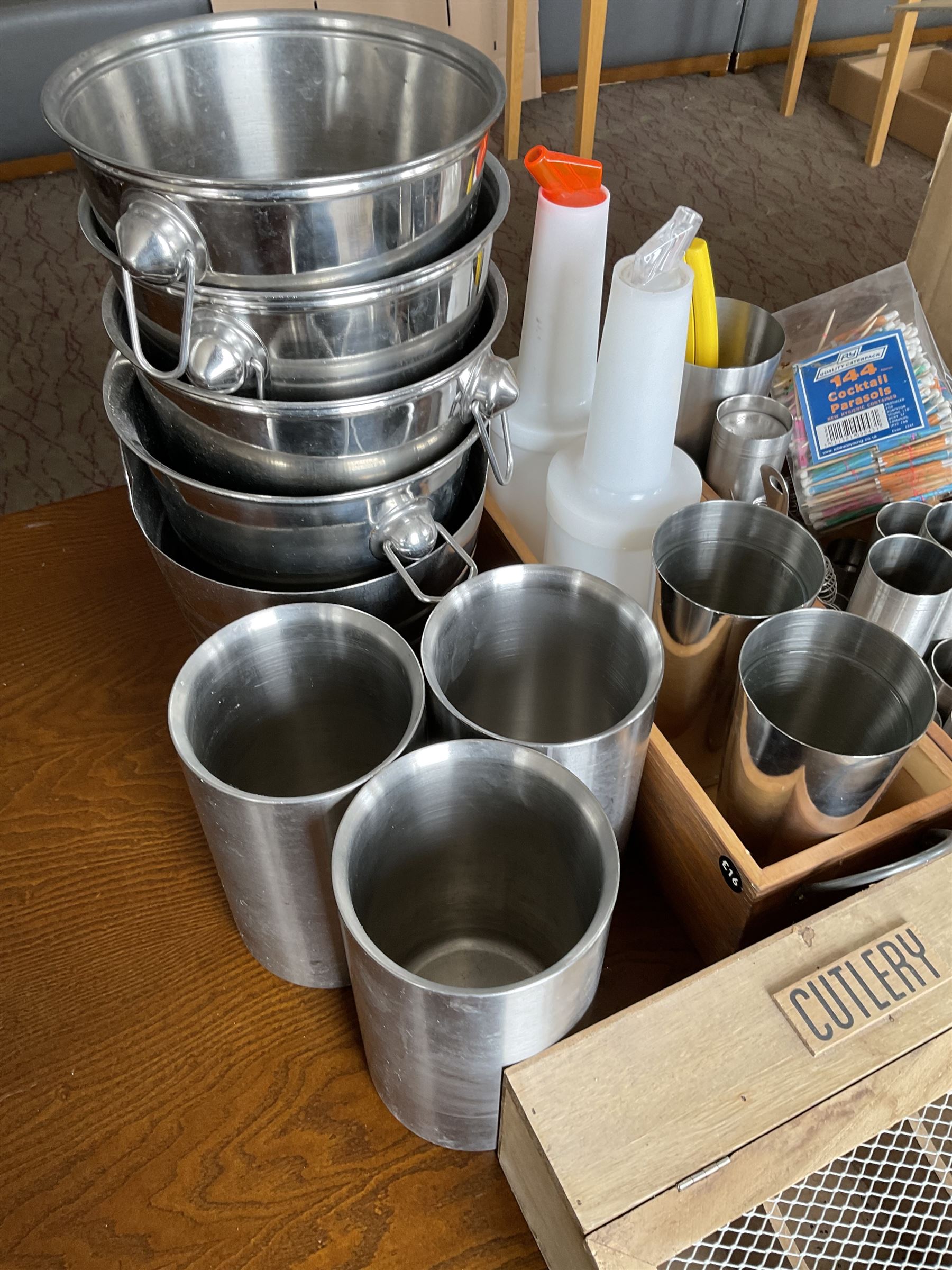 Stainless steel bar buckets, measuring cups, shaker, white sulphite bags, takeaway bags, bamboo shot paddles etc- LOT SUBJECT TO VAT ON THE HAMMER PRICE - To be collected by appointment from The Ambassador Hotel, 36-38 Esplanade, Scarborough YO11 2AY. ALL GOODS MUST BE REMOVED BY WEDNESDAY 15TH JUNE.