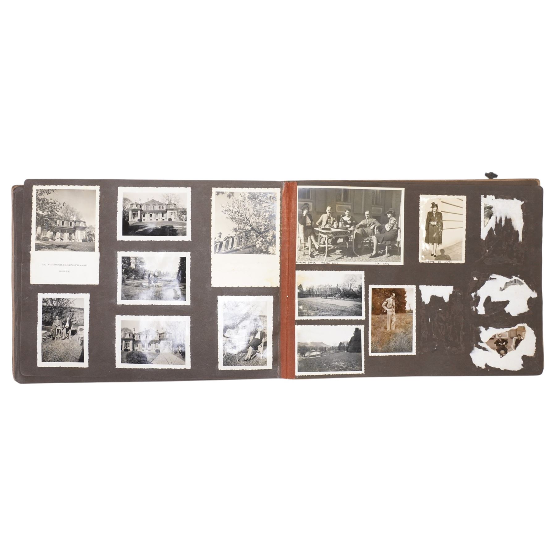 Switzerland May 1940- June 1941 - Photograph album of Society figures including Arthur Gore, 8th Earl of Arran, attache at the British Legion in Bern, members of the Goldschmidt family, view of the villa Rothschild, Joseph Luns, 5th Secretary General of NATO, general views of Switzerland etc, one hundred and ninety seven in total, various sizes