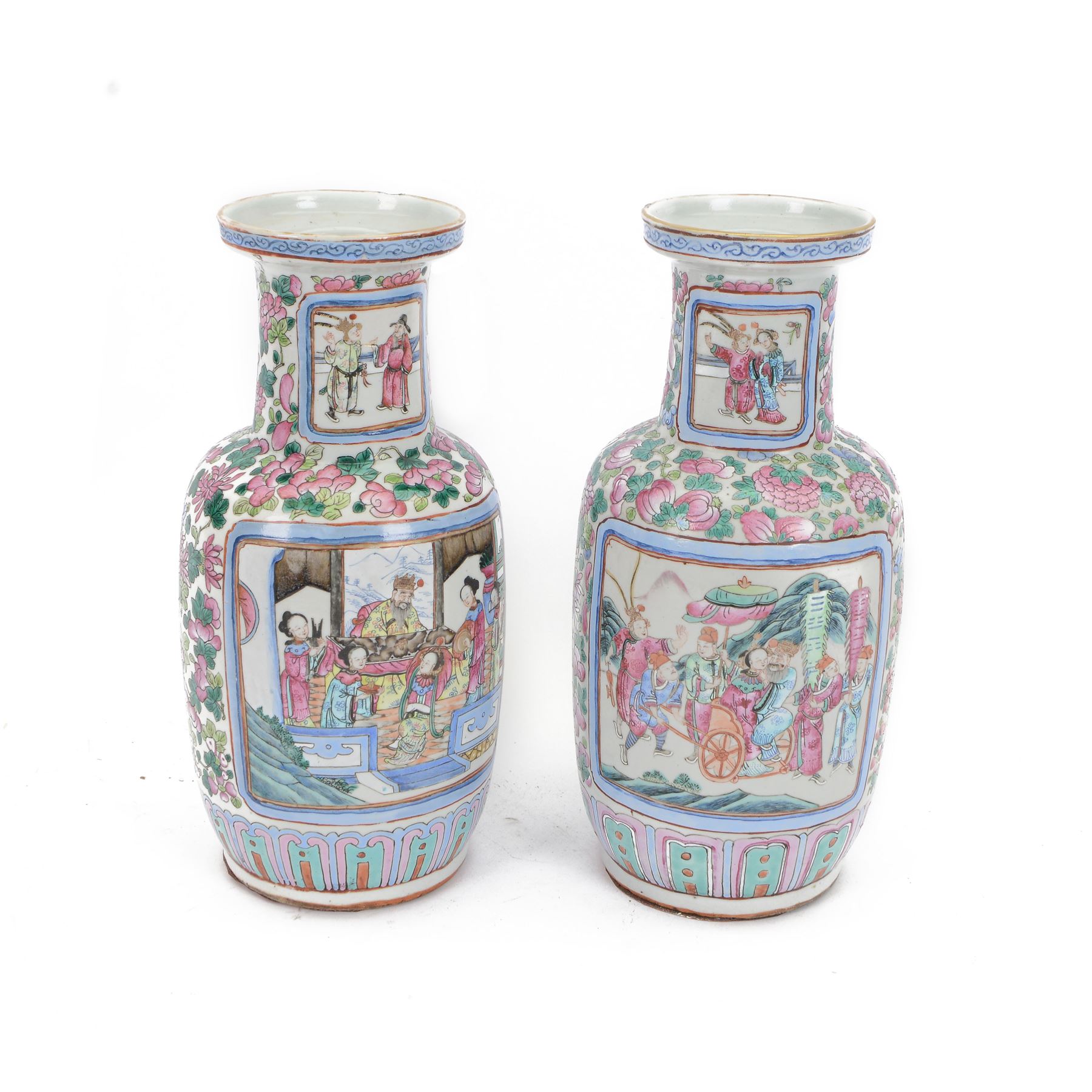 Pair of Chinese Canton famille rose vases, with panels of court terrace scenes surrounded by foliate borders, H35cm 