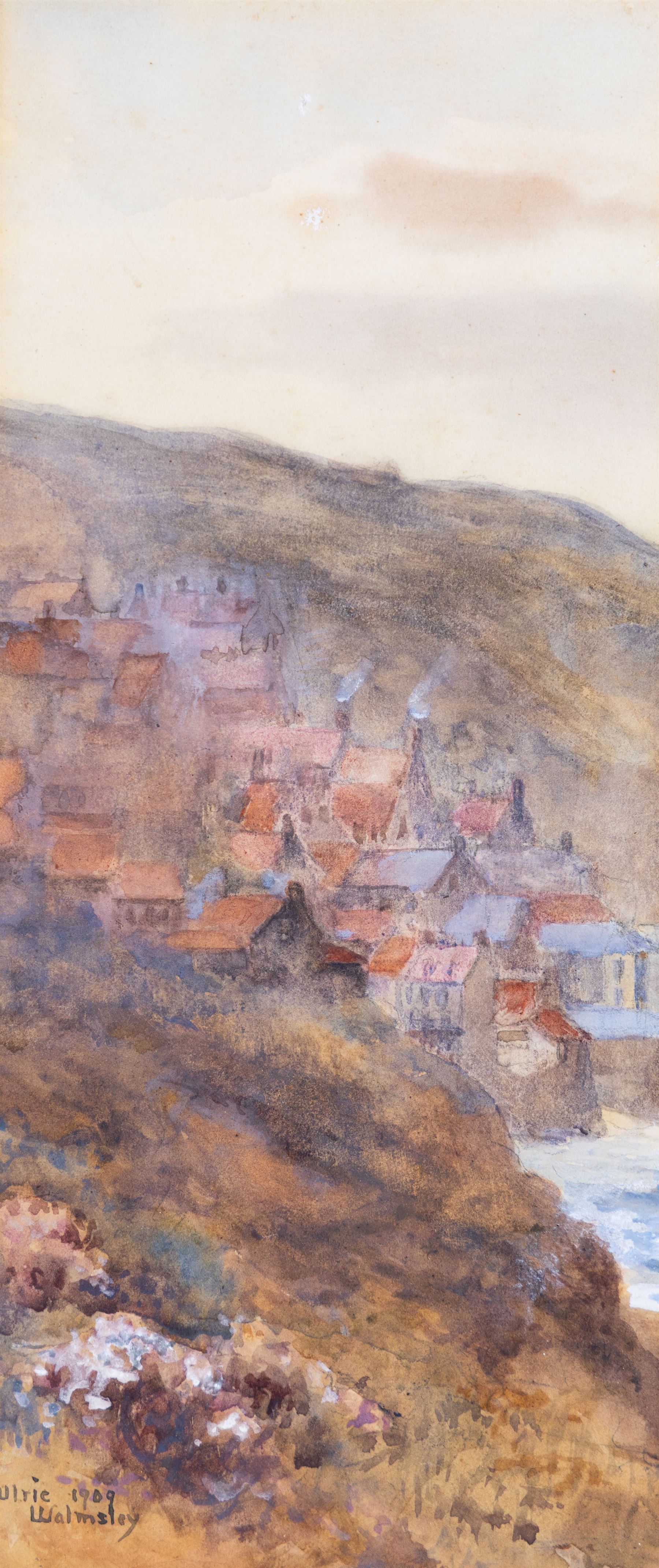 James Ulric Walmsley (British 1860-1954): View Towards Robin Hoods Bay, watercolour signed and dated 1909, 28cm x 12cm 