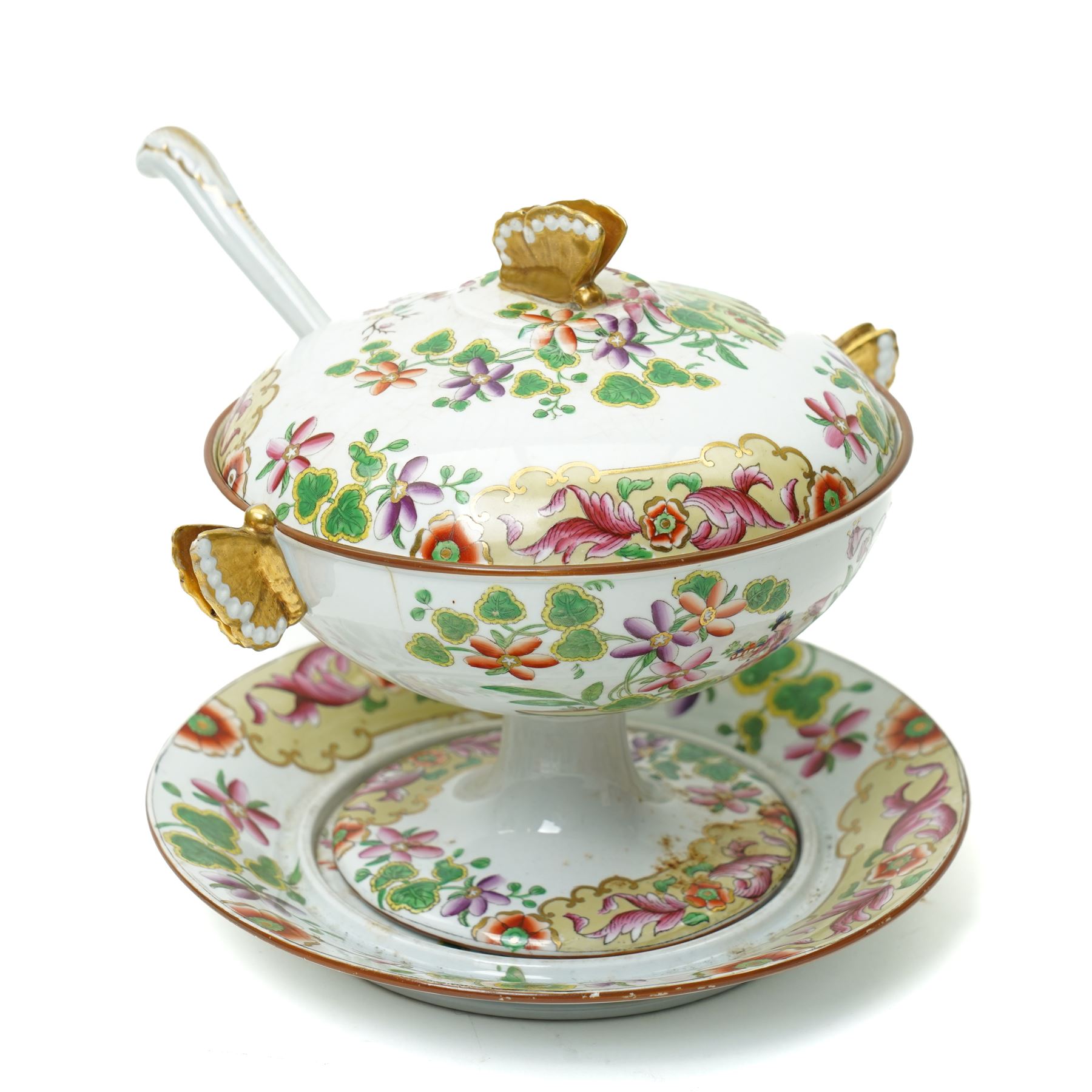 19th century Spode New Stone China dessert service, comprising sauce tureen with cover stand and ladle, large two handled serving dish and smaller example, two others, and seven plates, with chinoiserie decoration, impressed marks to bases 