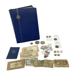 World stamps housed in a blue stockbook, Britain's first decimal coins set in blue wallet, small number of World banknotes, fantasy/copy coins etc
