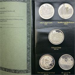 Limited Edition Danbury Mint 'History of the English Speaking Peoples' complete set of fifty silver medallions, each depicting historical figures and scenes from Julius Caesar Lands 55BC to Second World War 1939AD, contained within leatherette folder with personalised presentation to cover and interior, no. 2780/7500