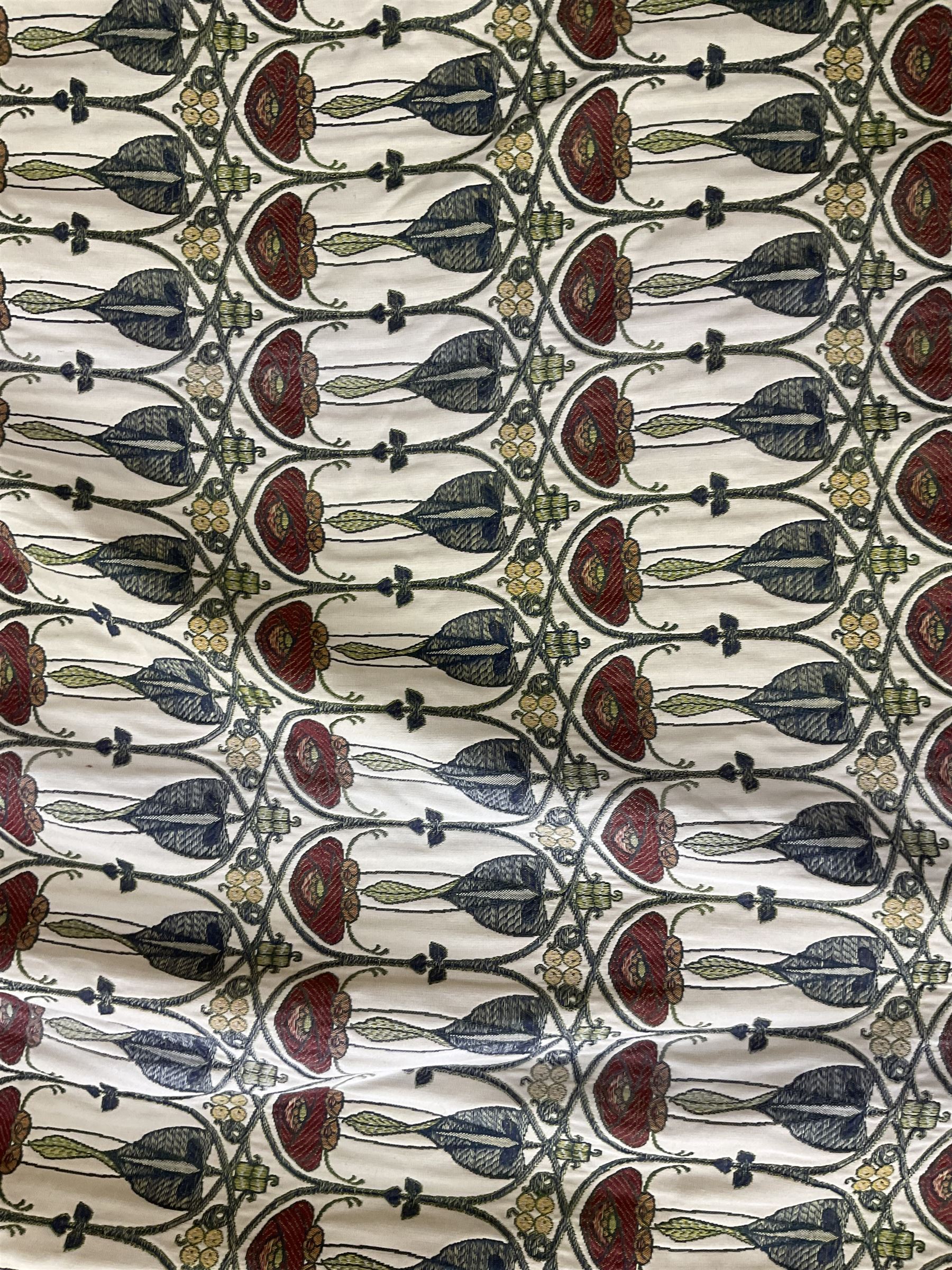 Two pairs of lined curtains in Mackintosh fabric, with pencil pleated headers,  first pair width at headers - 177cm, drop - 265cm, second pair width - 170cm, drop - 210cm