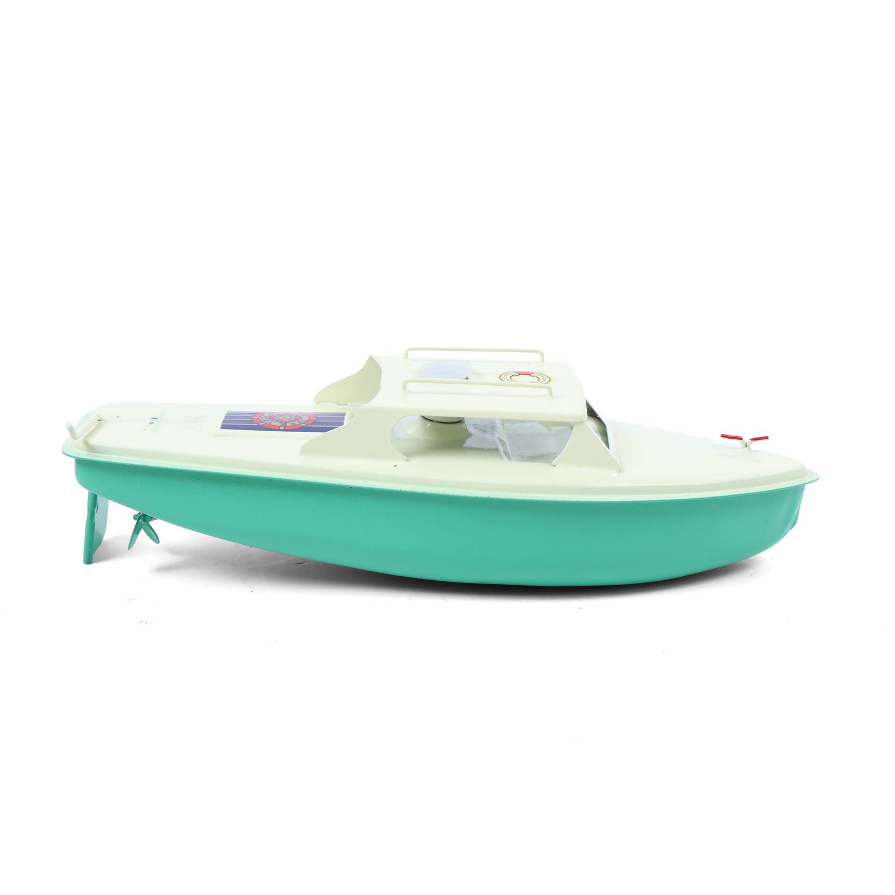 Sutcliffe Models tinplate clockwork Day Cruiser 'Sprite', in green and cream livery with red details, with key, boxed
