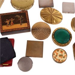 Collection of vintage compact mirrors, pill boxes and vanity cases, including Agme, Coty and Flamingo examples