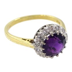 Gold round amethyst and diamond cluster ring, stamped 18ct