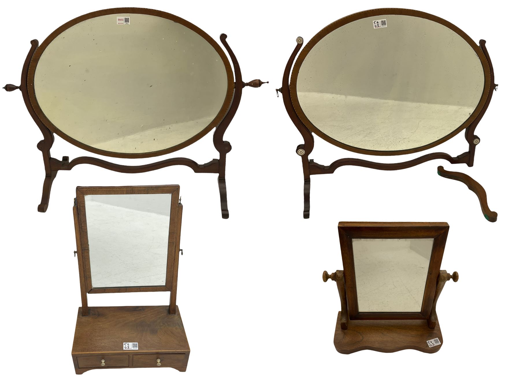 Early 20th century oval mahogany dressing table mirror (W82cm), a similar dressing table mirror, and two small 19th century swing mirrors (4)
