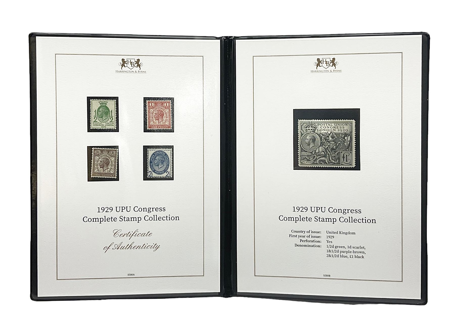 Great Britain King George V 1929 Postal Union Congress one pound stamp, halfpenny green, penny scarlet, one and a half pence purple-brown and two and a half pence blue, all unused, housed in a Harrington and Byrne folder