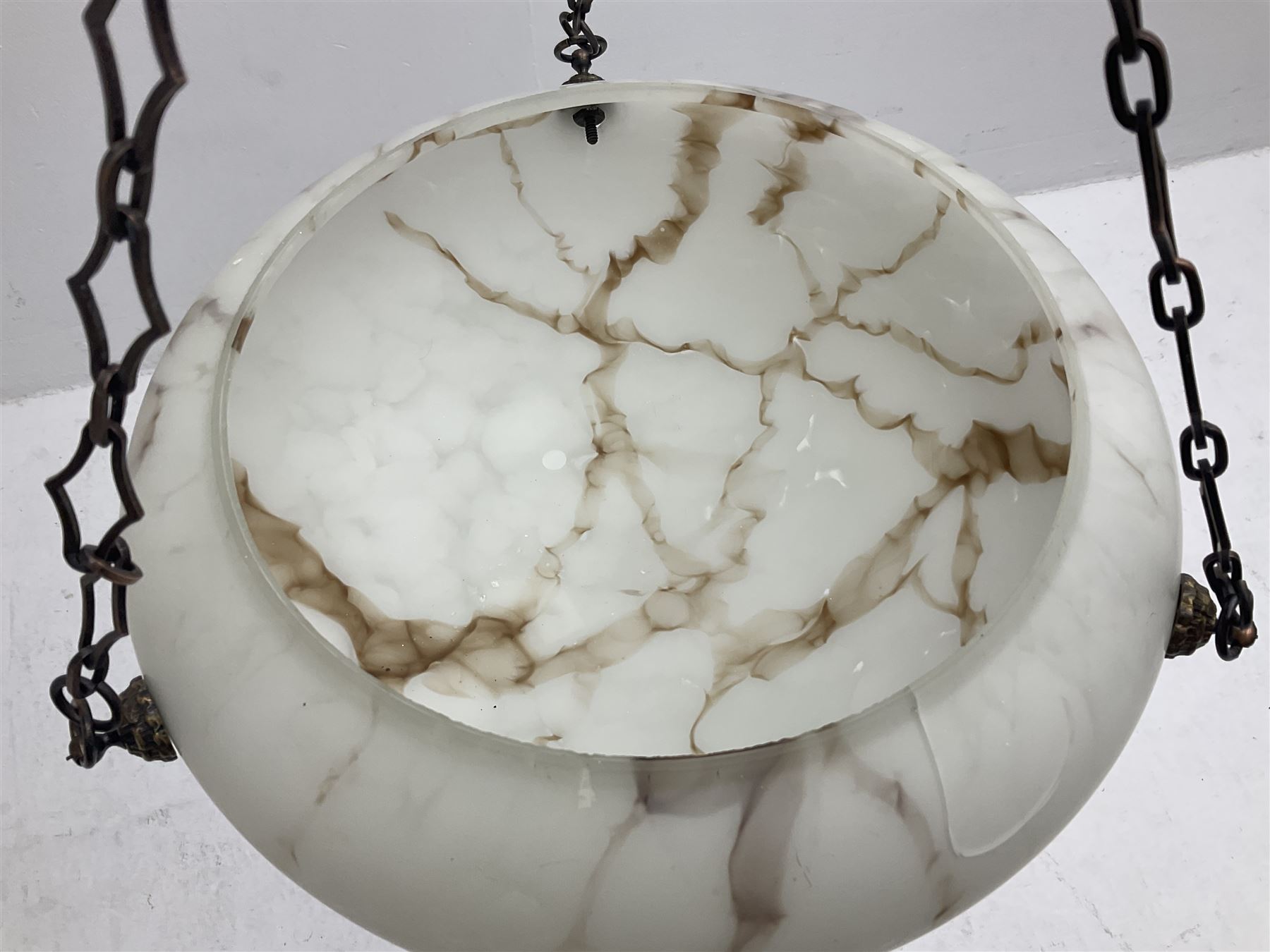 Art Deco style frosted glass marbled fly catcher light shade, suspended by three chains, D31cm