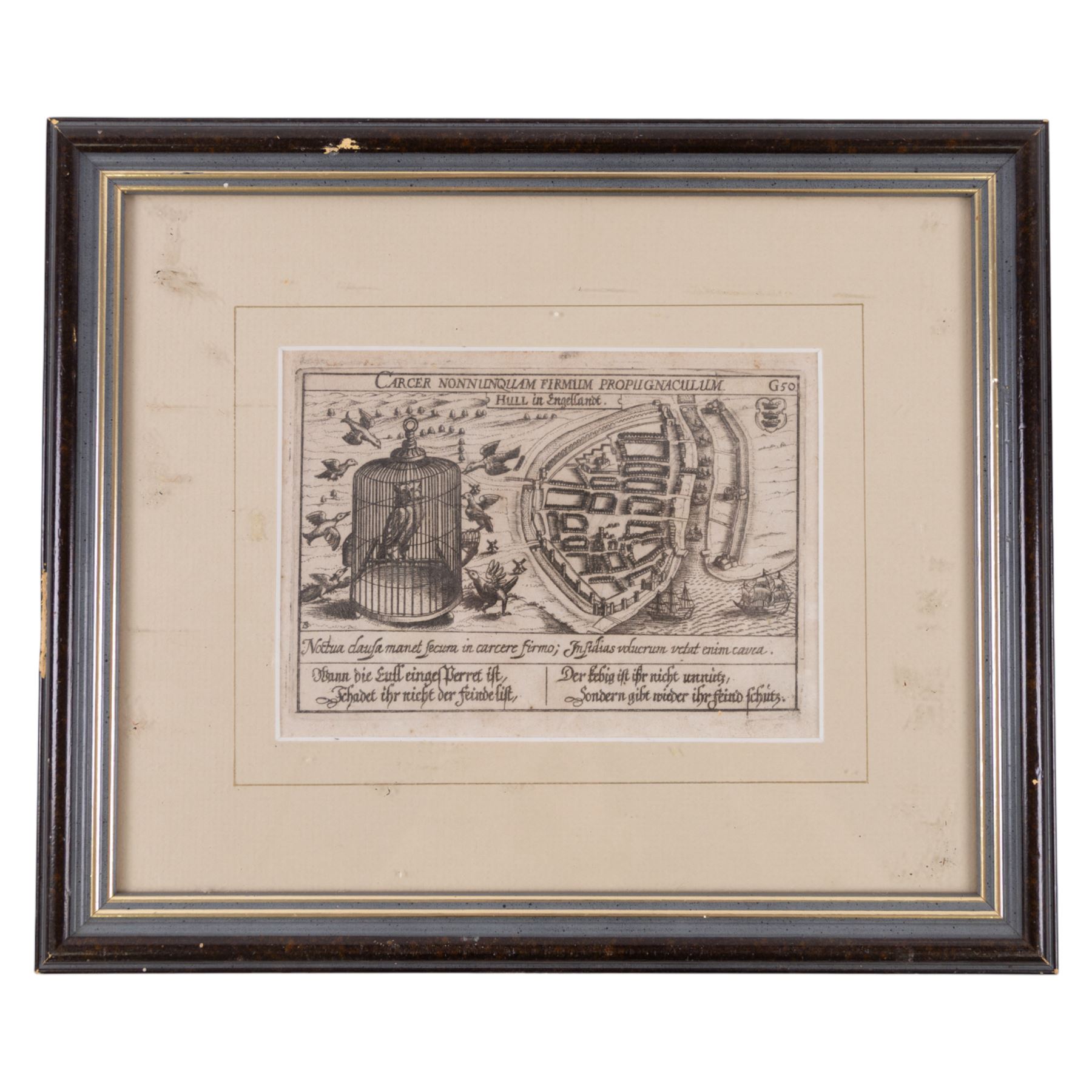 Jansson (Jan) 'East Riding of Yorke Shire', 17th Century hand coloured map with figural scale, title cartouche and armorials 44cm x 54cm; Daniel Meisner 'Hull in Engellandt', monochrome engraved map of Kingston upon Hull for Eberhard Kieser's 'Politisches Schatzkastlein' pub. c1620 11cm x 15.5cm; 18th/early 19th cent. Steeple Chase notice 'List of Horses - Trinity House Stakes at Kingston on Hull 26.5cm x 20.5cm (3)