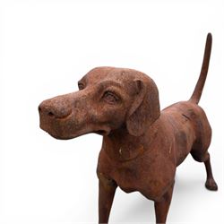 Pair of life-size heavy cast iron garden Hunting dogs
